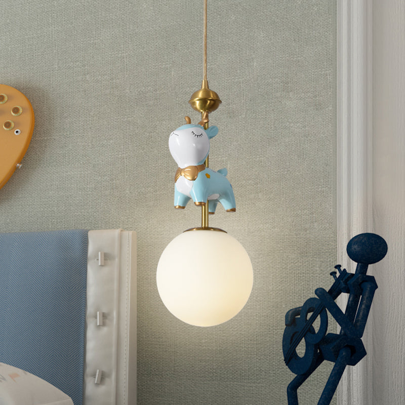 Resin Sika Deer Pendulum Light Cartoon 1 Bulb Blue/Pink-White/Blue-White Hanging Pendant with Ball Opal/Stained Glass Shade Clearhalo 'Ceiling Lights' 'Pendant Lights' 'Pendants' Lighting' 863928