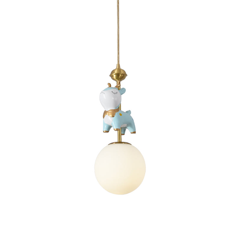 Resin Sika Deer Pendulum Light Cartoon 1 Bulb Blue/Pink-White/Blue-White Hanging Pendant with Ball Opal/Stained Glass Shade Clearhalo 'Ceiling Lights' 'Pendant Lights' 'Pendants' Lighting' 863929