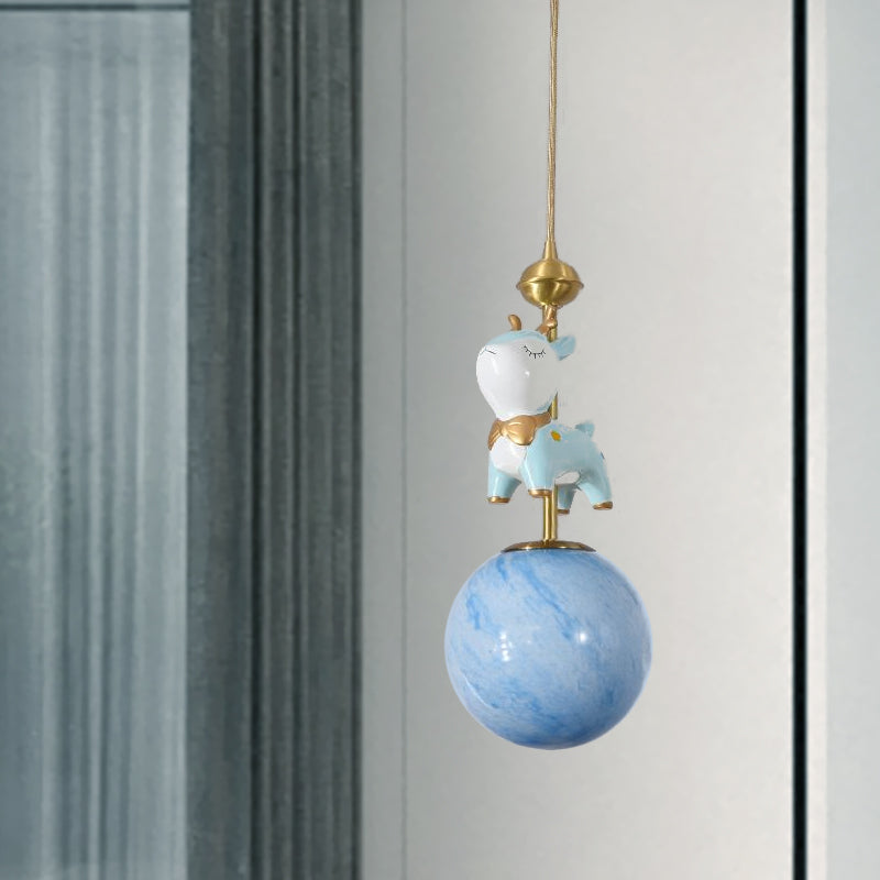 Resin Sika Deer Pendulum Light Cartoon 1 Bulb Blue/Pink-White/Blue-White Hanging Pendant with Ball Opal/Stained Glass Shade Clearhalo 'Ceiling Lights' 'Pendant Lights' 'Pendants' Lighting' 863930