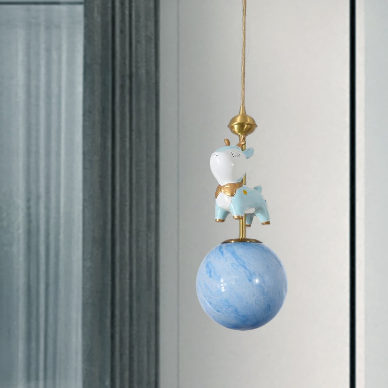 Resin Sika Deer Pendulum Light Cartoon 1 Bulb Blue/Pink-White/Blue-White Hanging Pendant with Ball Opal/Stained Glass Shade Blue Clearhalo 'Ceiling Lights' 'Pendant Lights' 'Pendants' Lighting' 863930_9509ee31-87e6-41a4-89f9-563f413a037f