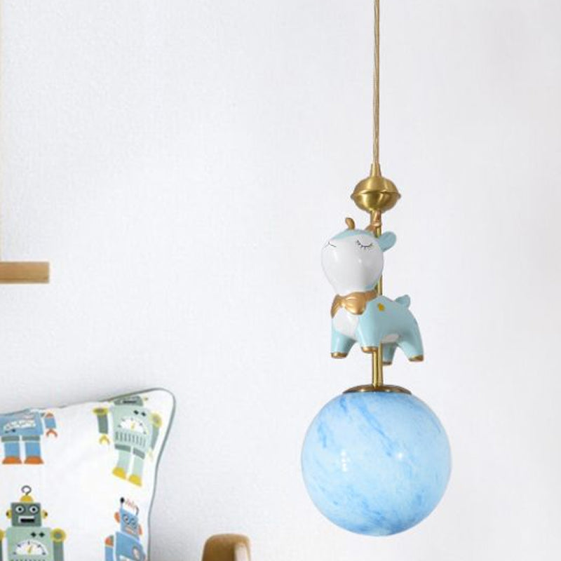 Resin Sika Deer Pendulum Light Cartoon 1 Bulb Blue/Pink-White/Blue-White Hanging Pendant with Ball Opal/Stained Glass Shade Clearhalo 'Ceiling Lights' 'Pendant Lights' 'Pendants' Lighting' 863931