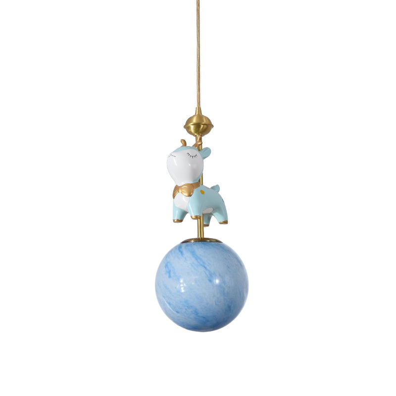 Resin Sika Deer Pendulum Light Cartoon 1 Bulb Blue/Pink-White/Blue-White Hanging Pendant with Ball Opal/Stained Glass Shade Clearhalo 'Ceiling Lights' 'Pendant Lights' 'Pendants' Lighting' 863932