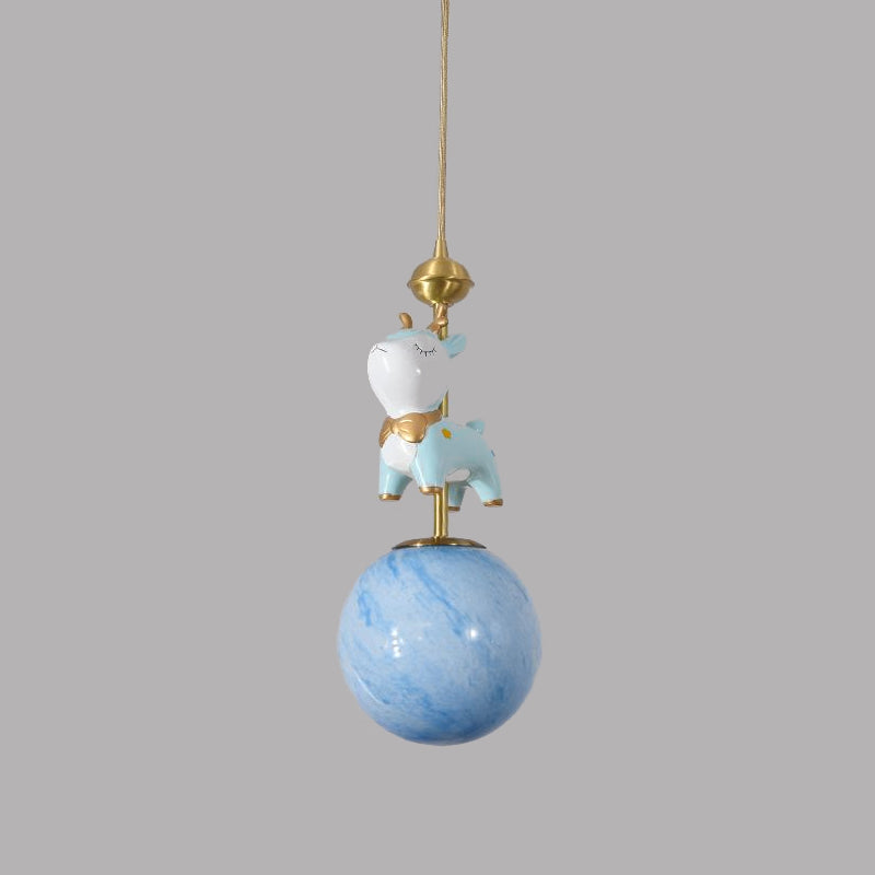 Resin Sika Deer Pendulum Light Cartoon 1 Bulb Blue/Pink-White/Blue-White Hanging Pendant with Ball Opal/Stained Glass Shade Clearhalo 'Ceiling Lights' 'Pendant Lights' 'Pendants' Lighting' 863933