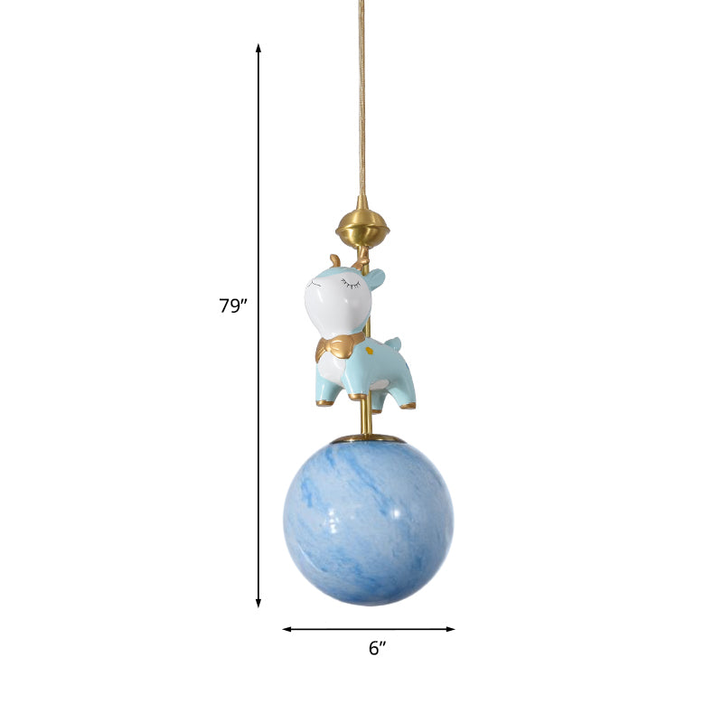 Resin Sika Deer Pendulum Light Cartoon 1 Bulb Blue/Pink-White/Blue-White Hanging Pendant with Ball Opal/Stained Glass Shade Clearhalo 'Ceiling Lights' 'Pendant Lights' 'Pendants' Lighting' 863934