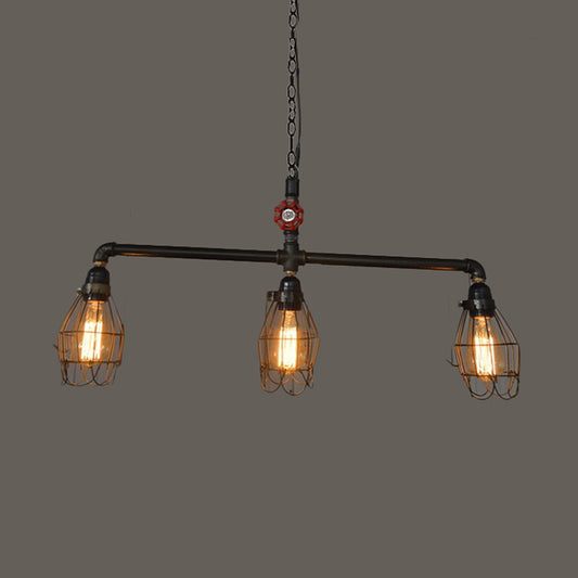 Small Cage Iron Pendant Lighting Industrial 3 Heads Dining Room Bronze Island Light Fixture with Red Valve Clearhalo 'Ceiling Lights' 'Island Lights' Lighting' 86617
