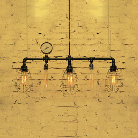 Metal Piping Island Ceiling Light with Wire Guard and Gauge Industrial 5 Bulbs Dining Room Pendant Lighting in Black Black Clearhalo 'Ceiling Lights' 'Island Lights' Lighting' 86619