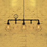 Metal Piping Island Ceiling Light with Wire Guard and Gauge Industrial 5 Bulbs Dining Room Pendant Lighting in Black Black Clearhalo 'Ceiling Lights' 'Island Lights' Lighting' 86619