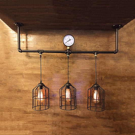 Industrial Linear Hanging Light with Cage Shade and Gauge 3 Lights Iron Island Pendant Lighting in Bronze Bronze Clearhalo 'Ceiling Lights' 'Island Lights' Lighting' 86621