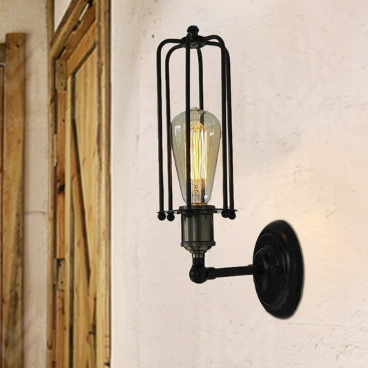 1 Head Wall Lamp Vintage Industrial Tubed Cage Shade Metal Mini Wall Light Fixture in Black for Corridor Black Clearhalo 'Art deco wall lights' 'Cast Iron' 'Glass' 'Industrial wall lights' 'Industrial' 'Middle century wall lights' 'Modern' 'Rustic wall lights' 'Tiffany' 'Traditional wall lights' 'Wall Lamps & Sconces' 'Wall Lights' Lighting' 86940