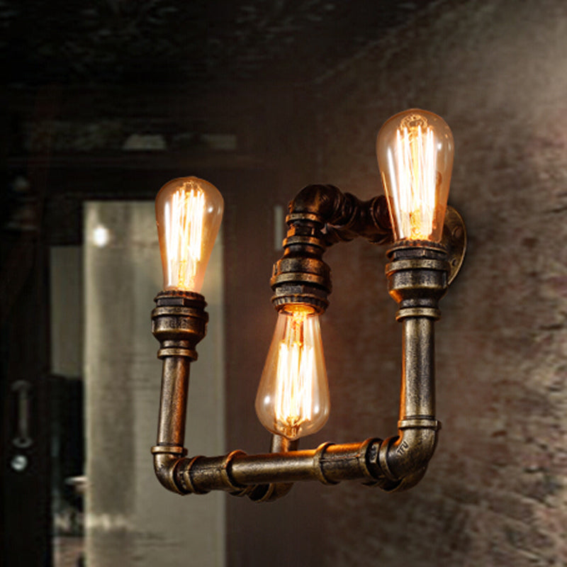 Industrial Exposed Sconce Light with Pipe Design 3 Heads Wrought Iron Wall Lamp in Aged Brass for Hallway Antique Brass Clearhalo 'Art deco wall lights' 'Cast Iron' 'Glass' 'Industrial wall lights' 'Industrial' 'Middle century wall lights' 'Modern' 'Rustic wall lights' 'Tiffany' 'Traditional wall lights' 'Wall Lamps & Sconces' 'Wall Lights' Lighting' 87061