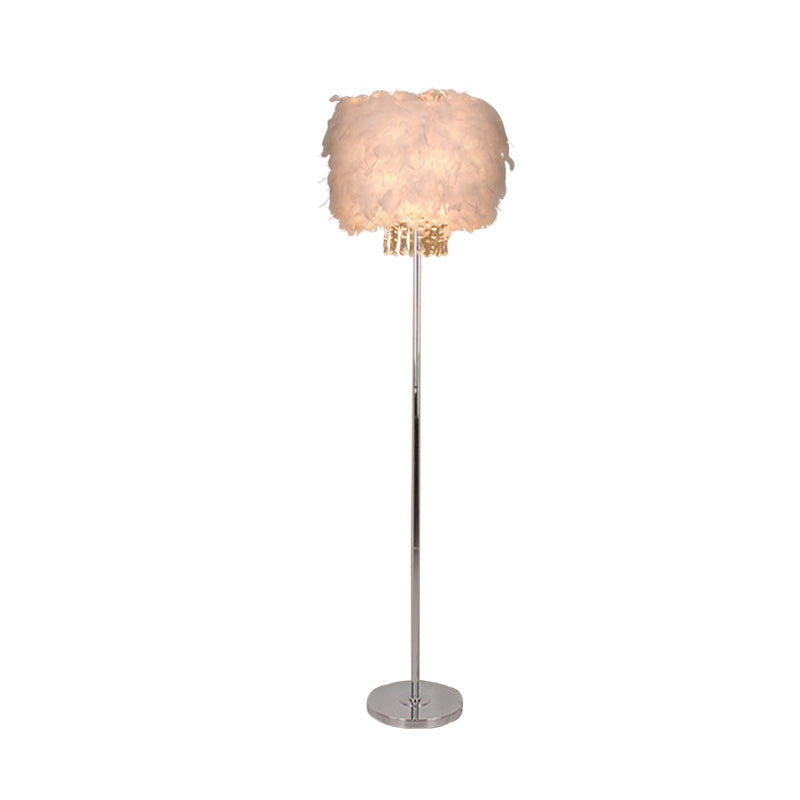 Drum Shade Lounge Floor Light Modern Feather 1 Bulb White Stand Up Lamp with Crystal Drop Clearhalo 'Floor Lamps' 'Lamps' Lighting' 874471