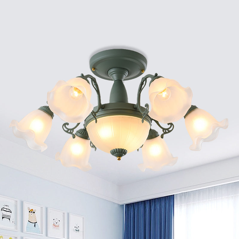 8/11-Head Semi Flush Chandelier Korean Garden Parlor Ceiling Light with Rotating Bell Frosted Glass Shade in Grey/Blue 8 Green Clearhalo 'Ceiling Lights' 'Close To Ceiling Lights' 'Close to ceiling' 'Glass shade' 'Glass' 'Pendant Lights' 'Semi-flushmount' Lighting' 874587