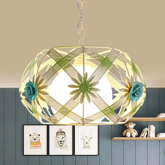 Pink/Blue Single Bulb Hanging Lamp Pastoral Iron Ribbon Strap Globe Pendant Light with Inner Dome Glass Shade Blue Clearhalo 'Ceiling Lights' 'Glass shade' 'Glass' 'Pendant Lights' 'Pendants' Lighting' 874607