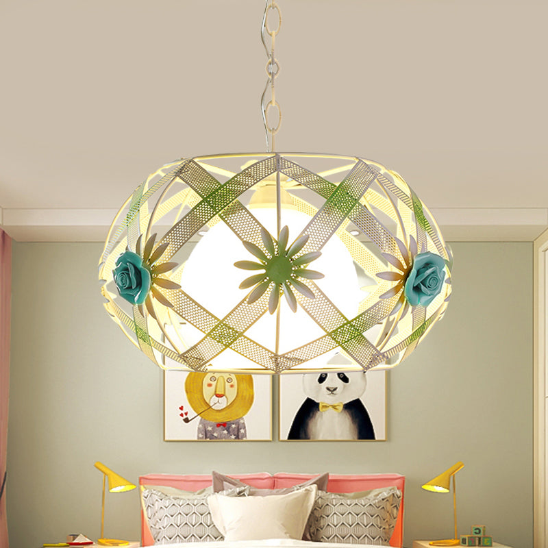 Pink/Blue Single Bulb Hanging Lamp Pastoral Iron Ribbon Strap Globe Pendant Light with Inner Dome Glass Shade Clearhalo 'Ceiling Lights' 'Glass shade' 'Glass' 'Pendant Lights' 'Pendants' Lighting' 874608