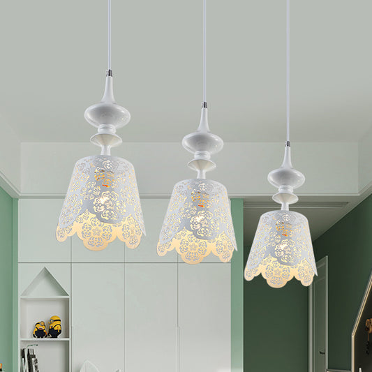 Iron White Multi Hanging Light Hollowed Out Scalloped 3-Bulb Pastoral Ceiling Pendant Lamp Clearhalo 'Ceiling Lights' 'Pendant Lights' 'Pendants' Lighting' 874646