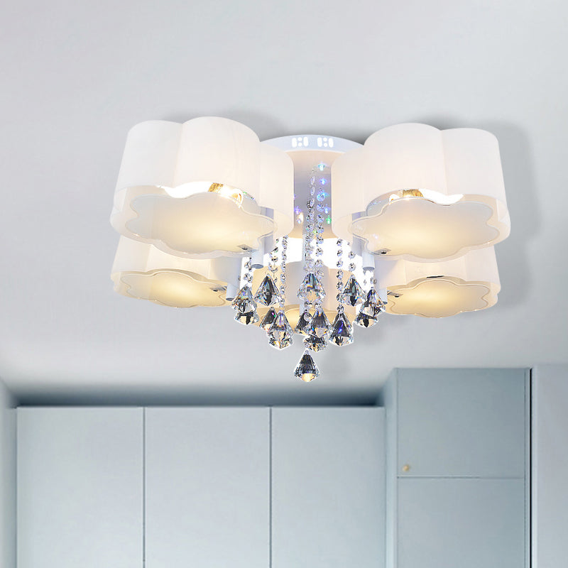 Contemporary Bloom Flush Mount Lamp 3/5 Heads White Glass Flush Light with Crystal Draping 5 White Clearhalo 'Ceiling Lights' 'Close To Ceiling Lights' 'Close to ceiling' 'Flush mount' Lighting' 874657