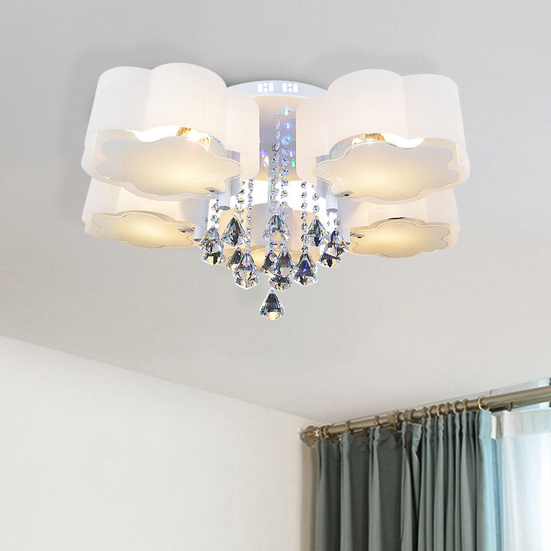 Contemporary Bloom Flush Mount Lamp 3/5 Heads White Glass Flush Light with Crystal Draping Clearhalo 'Ceiling Lights' 'Close To Ceiling Lights' 'Close to ceiling' 'Flush mount' Lighting' 874658