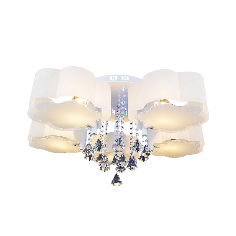 Contemporary Bloom Flush Mount Lamp 3/5 Heads White Glass Flush Light with Crystal Draping Clearhalo 'Ceiling Lights' 'Close To Ceiling Lights' 'Close to ceiling' 'Flush mount' Lighting' 874659