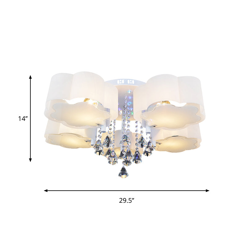 Contemporary Bloom Flush Mount Lamp 3/5 Heads White Glass Flush Light with Crystal Draping Clearhalo 'Ceiling Lights' 'Close To Ceiling Lights' 'Close to ceiling' 'Flush mount' Lighting' 874660