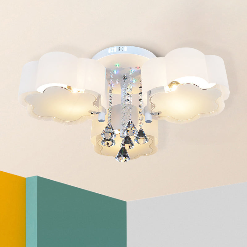 Contemporary Bloom Flush Mount Lamp 3/5 Heads White Glass Flush Light with Crystal Draping 3 White Clearhalo 'Ceiling Lights' 'Close To Ceiling Lights' 'Close to ceiling' 'Flush mount' Lighting' 874661