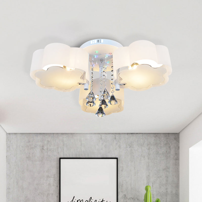 Contemporary Bloom Flush Mount Lamp 3/5 Heads White Glass Flush Light with Crystal Draping Clearhalo 'Ceiling Lights' 'Close To Ceiling Lights' 'Close to ceiling' 'Flush mount' Lighting' 874662