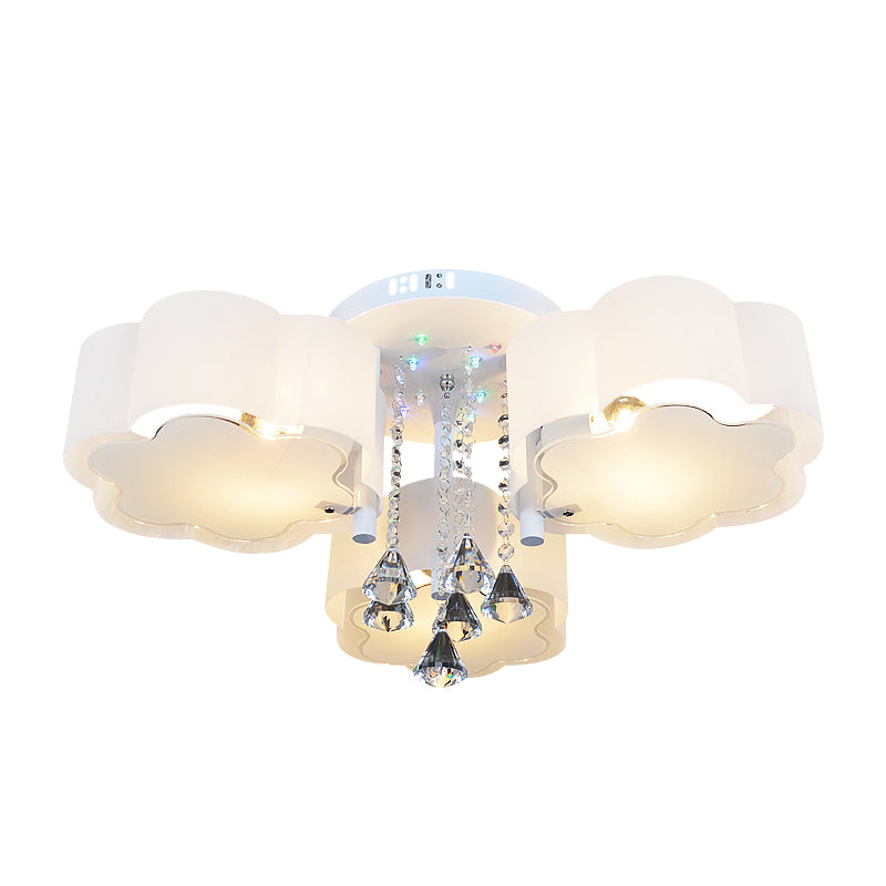 Contemporary Bloom Flush Mount Lamp 3/5 Heads White Glass Flush Light with Crystal Draping Clearhalo 'Ceiling Lights' 'Close To Ceiling Lights' 'Close to ceiling' 'Flush mount' Lighting' 874663