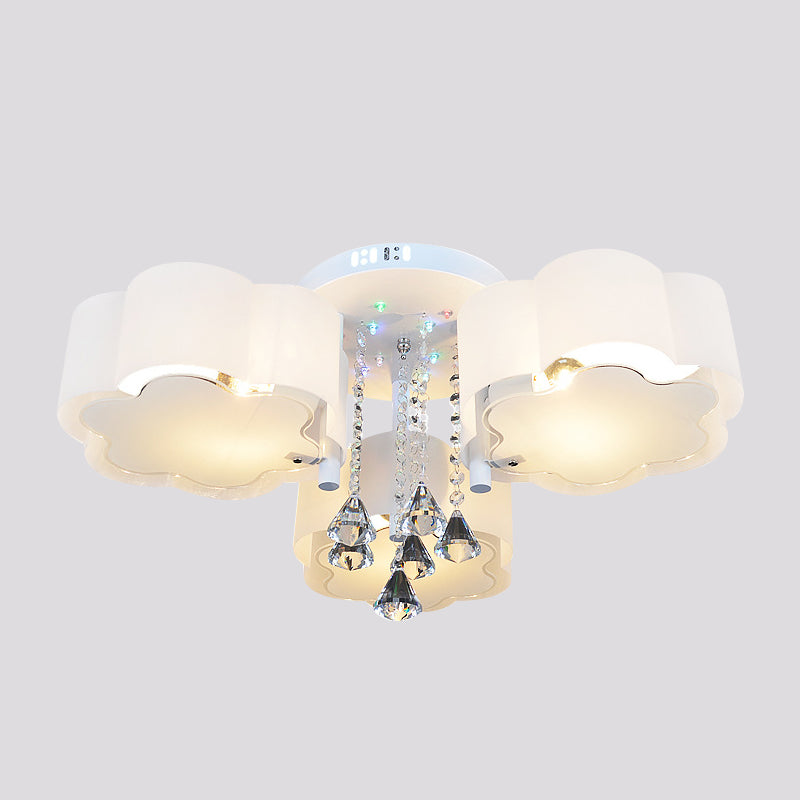 Contemporary Bloom Flush Mount Lamp 3/5 Heads White Glass Flush Light with Crystal Draping Clearhalo 'Ceiling Lights' 'Close To Ceiling Lights' 'Close to ceiling' 'Flush mount' Lighting' 874664