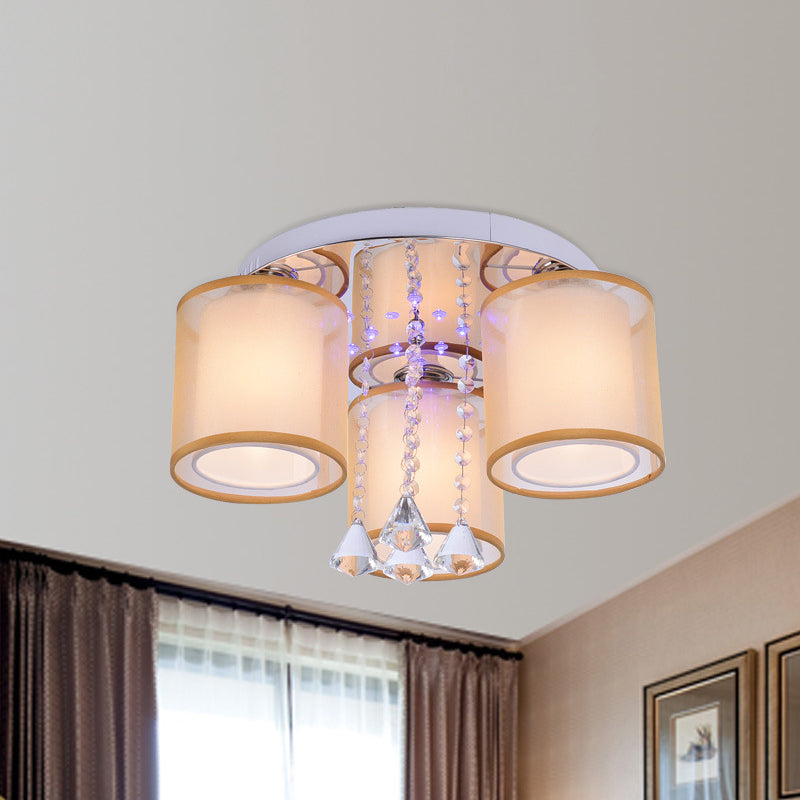 3/7 Lights Cylinder Flush Mount Modern Chrome Sheepskin Ceiling Light with Dangling Clear Crystal 3 Chrome Clearhalo 'Ceiling Lights' 'Close To Ceiling Lights' 'Close to ceiling' 'Flush mount' Lighting' 874666