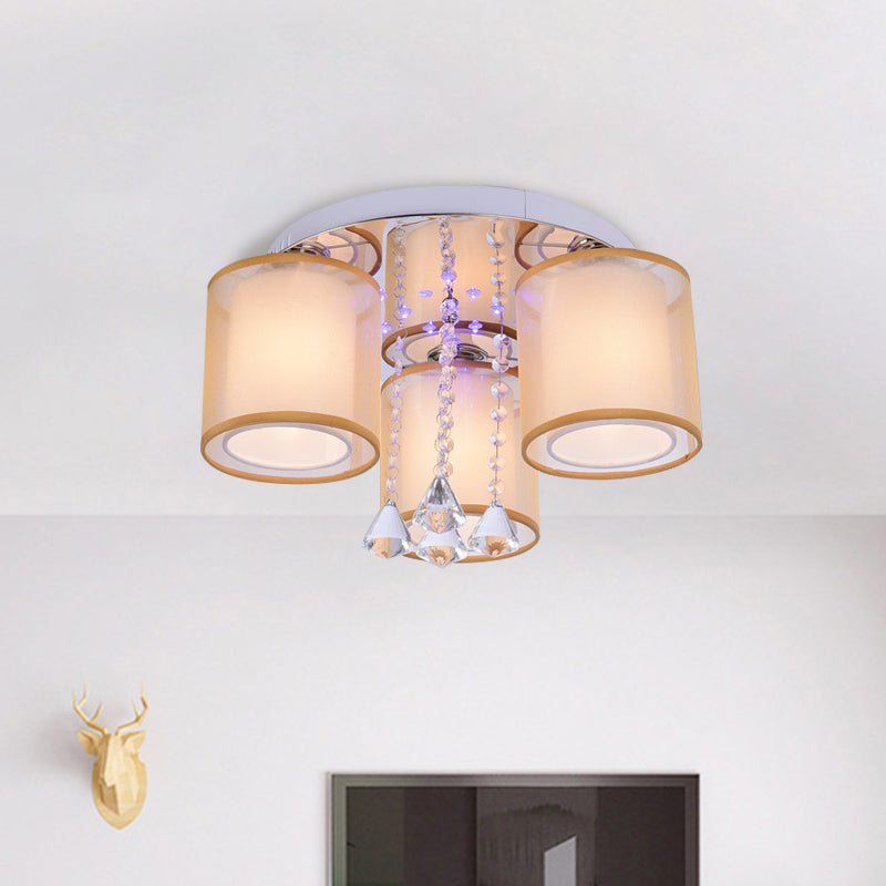 3/7 Lights Cylinder Flush Mount Modern Chrome Sheepskin Ceiling Light with Dangling Clear Crystal Clearhalo 'Ceiling Lights' 'Close To Ceiling Lights' 'Close to ceiling' 'Flush mount' Lighting' 874667