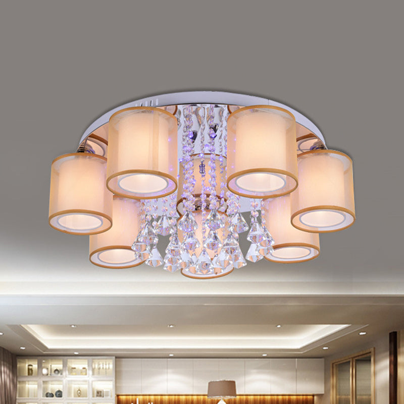 3/7 Lights Cylinder Flush Mount Modern Chrome Sheepskin Ceiling Light with Dangling Clear Crystal 7 Chrome Clearhalo 'Ceiling Lights' 'Close To Ceiling Lights' 'Close to ceiling' 'Flush mount' Lighting' 874670