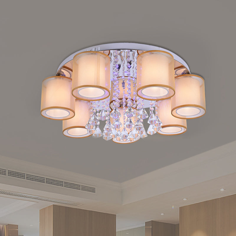 3/7 Lights Cylinder Flush Mount Modern Chrome Sheepskin Ceiling Light with Dangling Clear Crystal Clearhalo 'Ceiling Lights' 'Close To Ceiling Lights' 'Close to ceiling' 'Flush mount' Lighting' 874671