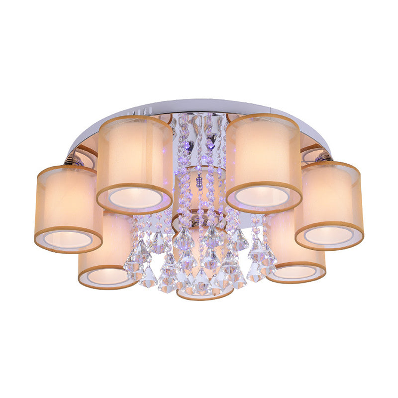 3/7 Lights Cylinder Flush Mount Modern Chrome Sheepskin Ceiling Light with Dangling Clear Crystal Clearhalo 'Ceiling Lights' 'Close To Ceiling Lights' 'Close to ceiling' 'Flush mount' Lighting' 874672