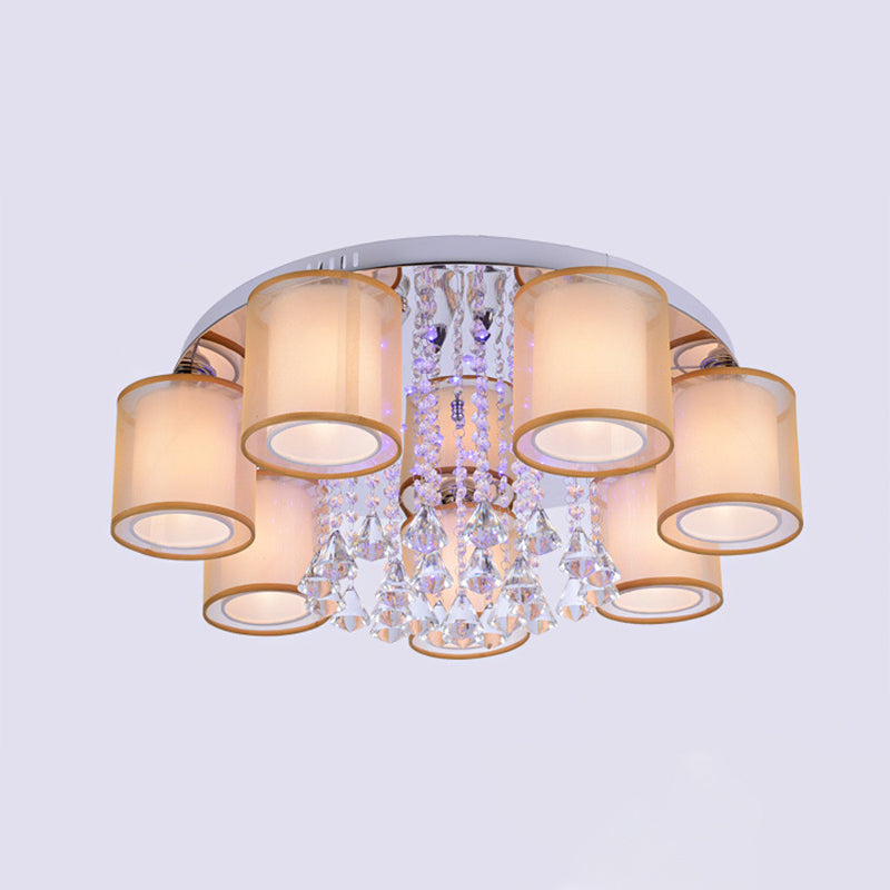 3/7 Lights Cylinder Flush Mount Modern Chrome Sheepskin Ceiling Light with Dangling Clear Crystal Clearhalo 'Ceiling Lights' 'Close To Ceiling Lights' 'Close to ceiling' 'Flush mount' Lighting' 874673