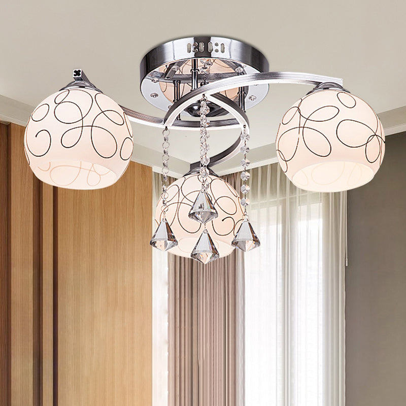 Global Living Room Semi Flush Minimalist Opal Glass 3/5 Lights Chrome Ceiling Flush with Crystal Drop 3 Chrome Clearhalo 'Ceiling Lights' 'Close To Ceiling Lights' 'Close to ceiling' 'Semi-flushmount' Lighting' 874675