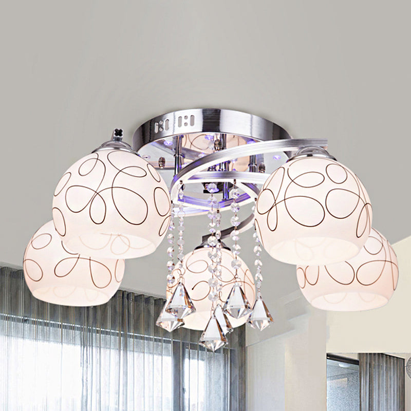 Global Living Room Semi Flush Minimalist Opal Glass 3/5 Lights Chrome Ceiling Flush with Crystal Drop 5 Chrome Clearhalo 'Ceiling Lights' 'Close To Ceiling Lights' 'Close to ceiling' 'Semi-flushmount' Lighting' 874679