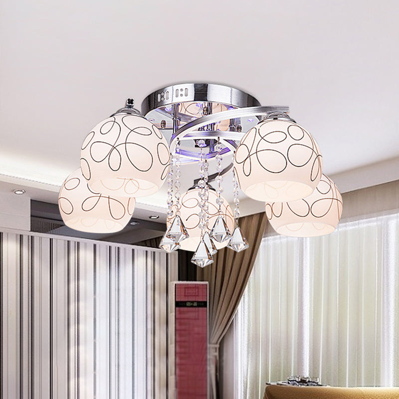 Global Living Room Semi Flush Minimalist Opal Glass 3/5 Lights Chrome Ceiling Flush with Crystal Drop Clearhalo 'Ceiling Lights' 'Close To Ceiling Lights' 'Close to ceiling' 'Semi-flushmount' Lighting' 874680