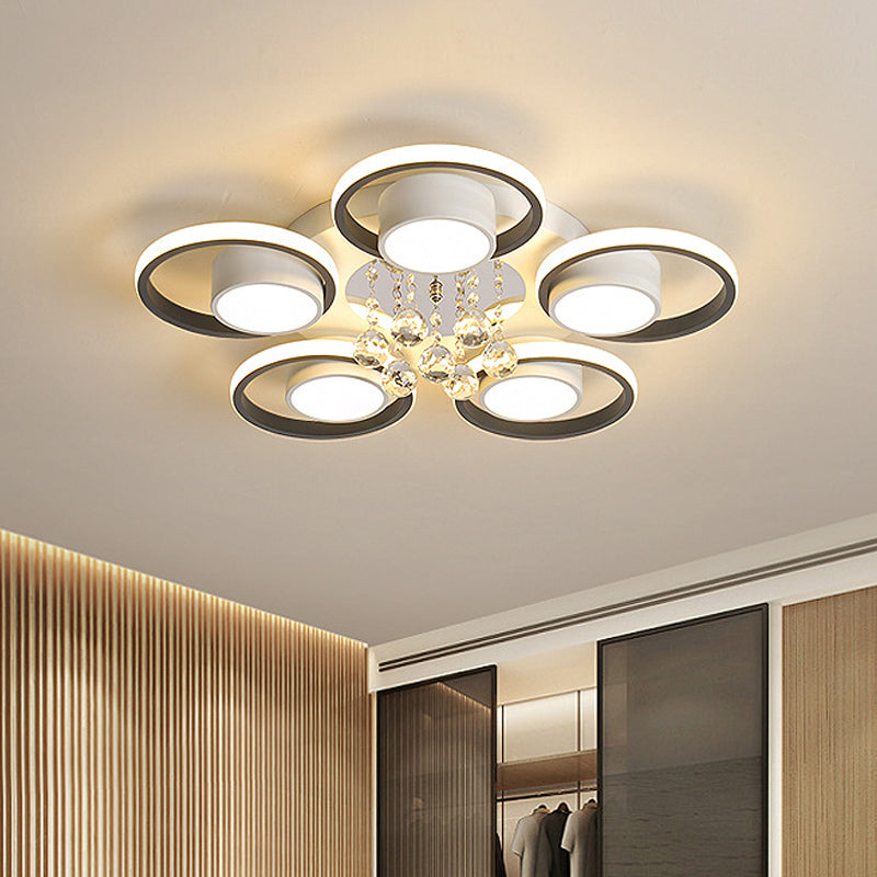 Crystal Ball Circle Ceiling Lamp Modern 3/5 Lights Bedroom Flush Mount in Black and White 5 Black-White Clearhalo 'Ceiling Lights' 'Close To Ceiling Lights' 'Close to ceiling' 'Flush mount' Lighting' 874702