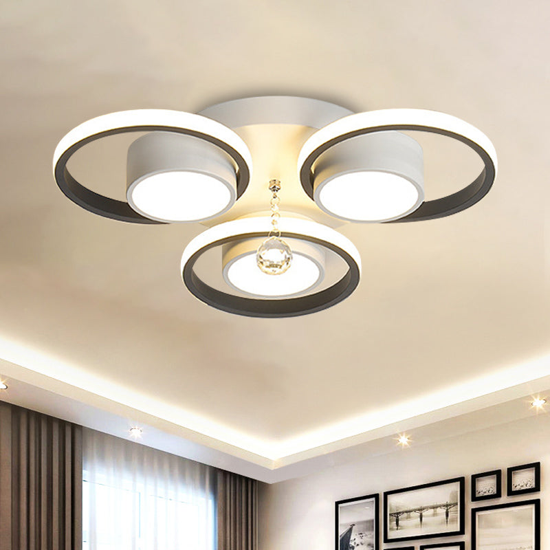 Crystal Ball Circle Ceiling Lamp Modern 3/5 Lights Bedroom Flush Mount in Black and White 3 Black-White Clearhalo 'Ceiling Lights' 'Close To Ceiling Lights' 'Close to ceiling' 'Flush mount' Lighting' 874706