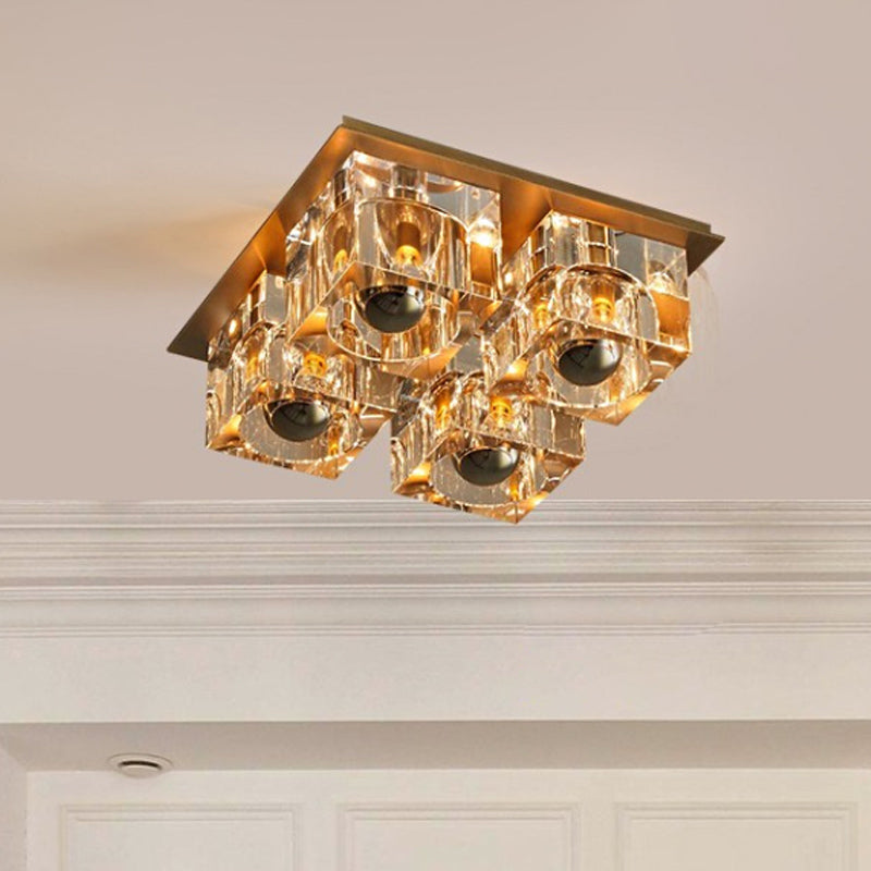 Brass Square Flushmount Lighting Minimalism Crystal Block 4-Head Bedroom Ceiling Light Brass Clearhalo 'Ceiling Lights' 'Close To Ceiling Lights' 'Close to ceiling' 'Flush mount' Lighting' 874772