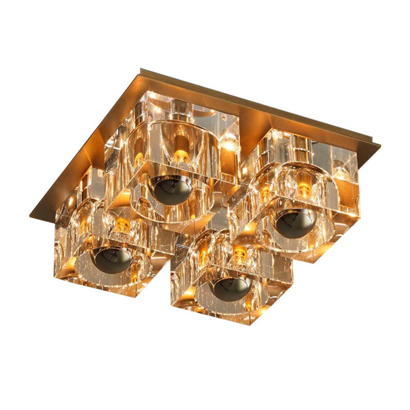 Brass Square Flushmount Lighting Minimalism Crystal Block 4-Head Bedroom Ceiling Light Clearhalo 'Ceiling Lights' 'Close To Ceiling Lights' 'Close to ceiling' 'Flush mount' Lighting' 874774