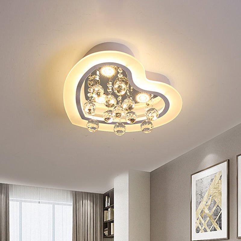 16"/19.5" W Acrylic Heart Flush Light Fixture Minimalism LED Bedroom Ceiling Lighting in White with Crystal Orb Clearhalo 'Ceiling Lights' 'Close To Ceiling Lights' 'Close to ceiling' 'Flush mount' Lighting' 874781