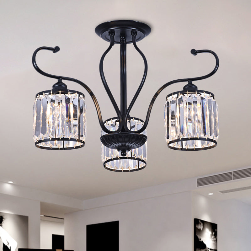 Cylindrical Crystal Semi Mount Lighting Modern 3/6 Lights Living Room Ceiling Light in Black 3 Black Clearhalo 'Ceiling Lights' 'Close To Ceiling Lights' 'Close to ceiling' 'Semi-flushmount' Lighting' 874814