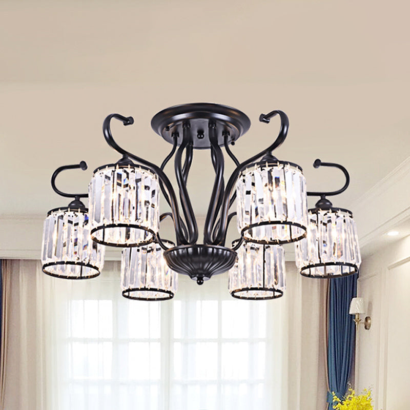 Cylindrical Crystal Semi Mount Lighting Modern 3/6 Lights Living Room Ceiling Light in Black Clearhalo 'Ceiling Lights' 'Close To Ceiling Lights' 'Close to ceiling' 'Semi-flushmount' Lighting' 874819