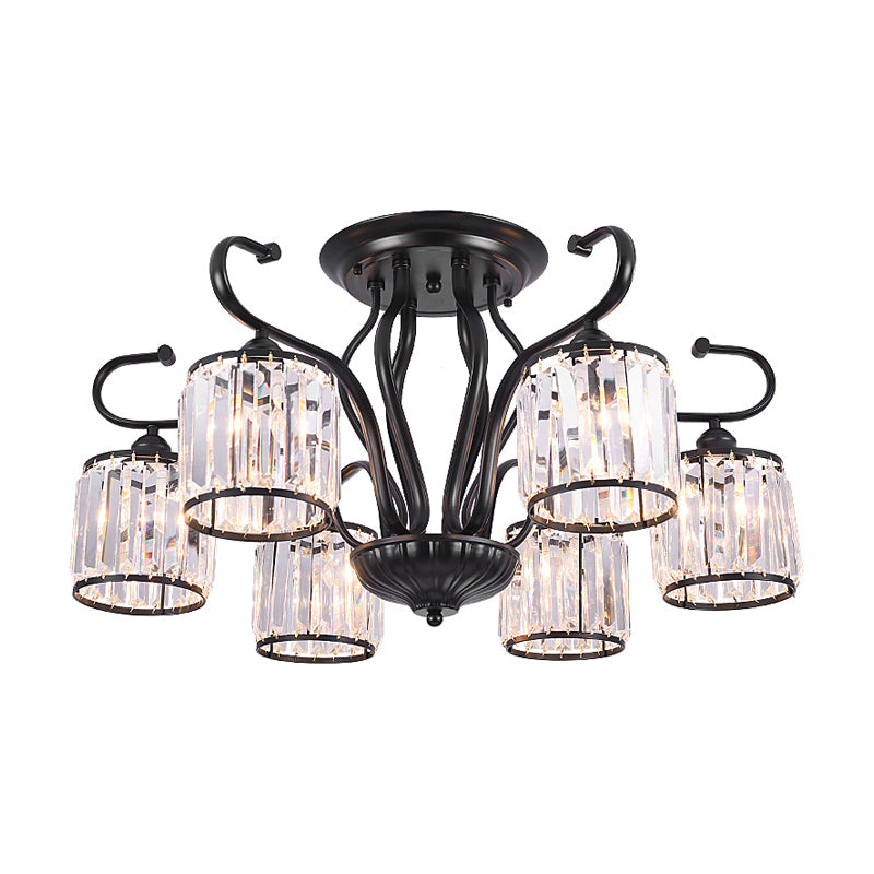 Cylindrical Crystal Semi Mount Lighting Modern 3/6 Lights Living Room Ceiling Light in Black Clearhalo 'Ceiling Lights' 'Close To Ceiling Lights' 'Close to ceiling' 'Semi-flushmount' Lighting' 874821