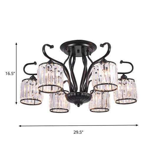 Cylindrical Crystal Semi Mount Lighting Modern 3/6 Lights Living Room Ceiling Light in Black Clearhalo 'Ceiling Lights' 'Close To Ceiling Lights' 'Close to ceiling' 'Semi-flushmount' Lighting' 874822