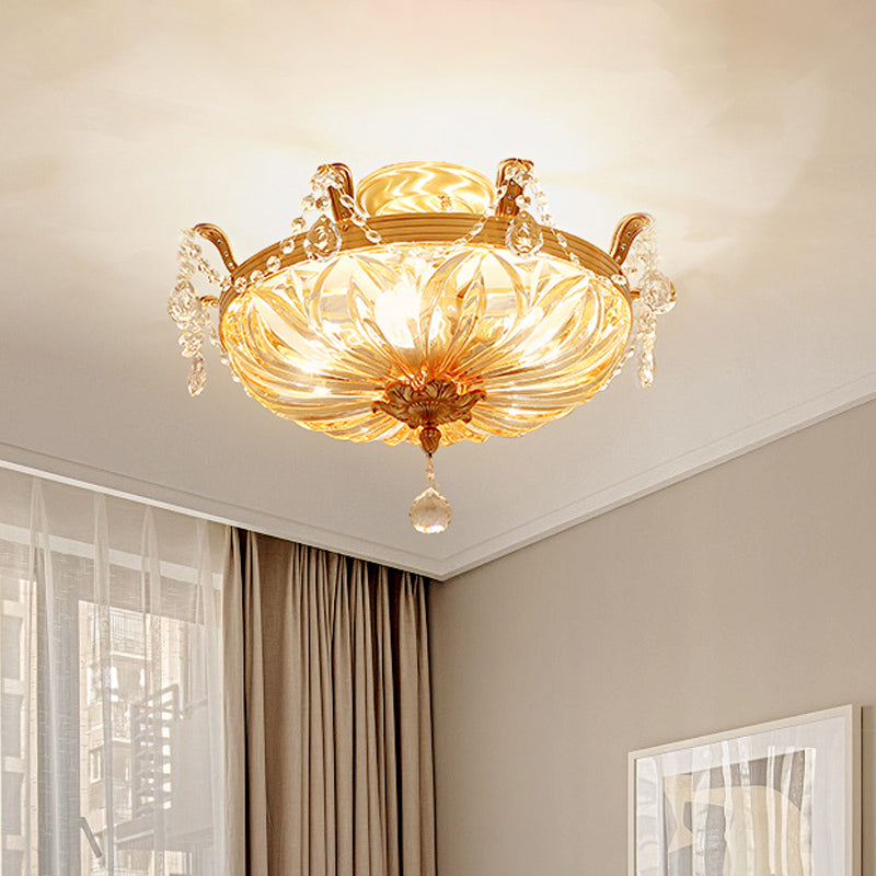 Brass 5 Bulbs Semi Flush Modern Amber Crystal Glass Flush Mount Light Fixture for Bedroom Clearhalo 'Ceiling Lights' 'Close To Ceiling Lights' 'Close to ceiling' 'Semi-flushmount' Lighting' 874848