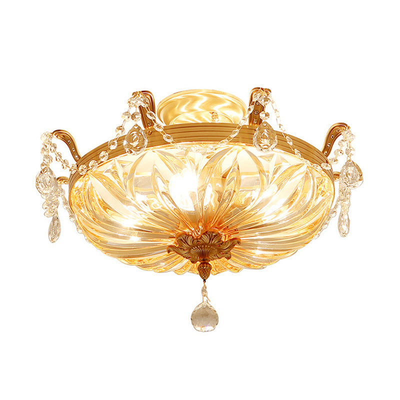 Brass 5 Bulbs Semi Flush Modern Amber Crystal Glass Flush Mount Light Fixture for Bedroom Clearhalo 'Ceiling Lights' 'Close To Ceiling Lights' 'Close to ceiling' 'Semi-flushmount' Lighting' 874849