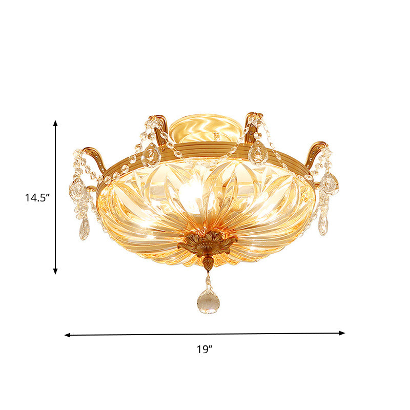 Brass 5 Bulbs Semi Flush Modern Amber Crystal Glass Flush Mount Light Fixture for Bedroom Clearhalo 'Ceiling Lights' 'Close To Ceiling Lights' 'Close to ceiling' 'Semi-flushmount' Lighting' 874850