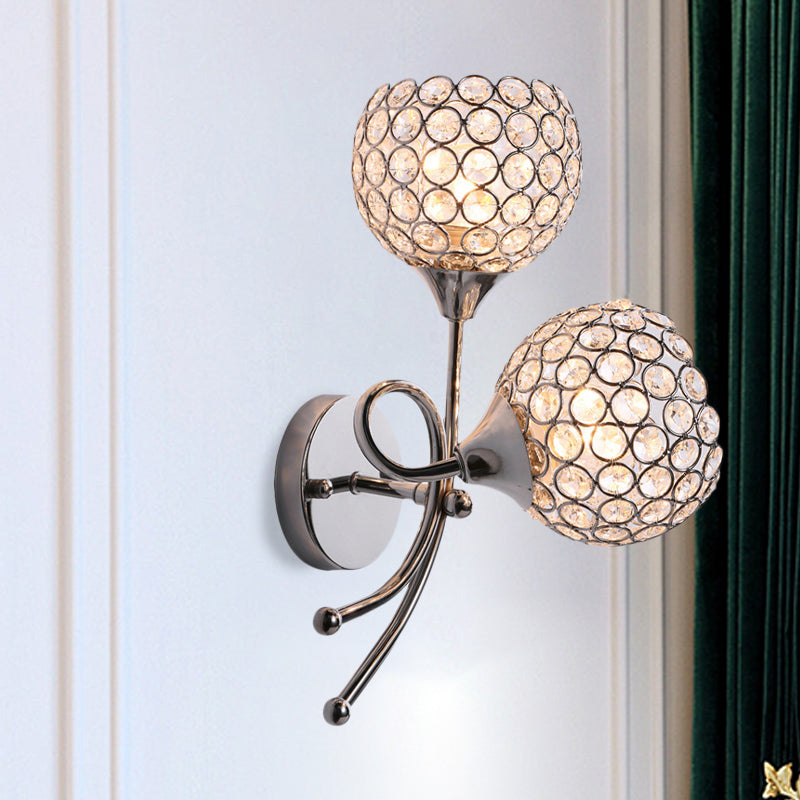 Modern Dome Sconce Light Fixture 2 Heads Inserted Crystal Wall Mounted Lighting in Silver Silver Clearhalo 'Cast Iron' 'Glass' 'Industrial' 'Modern wall lights' 'Modern' 'Tiffany' 'Traditional wall lights' 'Wall Lamps & Sconces' 'Wall Lights' Lighting' 874877