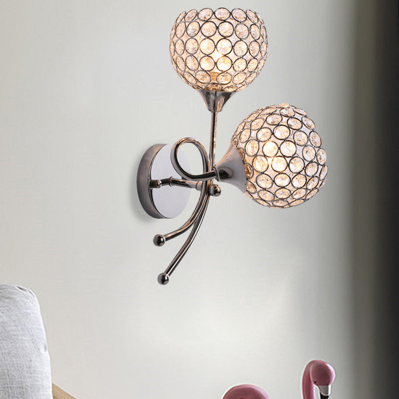 Modern Dome Sconce Light Fixture 2 Heads Inserted Crystal Wall Mounted Lighting in Silver Clearhalo 'Cast Iron' 'Glass' 'Industrial' 'Modern wall lights' 'Modern' 'Tiffany' 'Traditional wall lights' 'Wall Lamps & Sconces' 'Wall Lights' Lighting' 874878